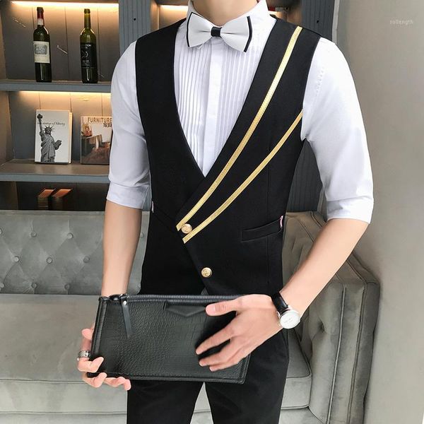 

waiter nightclub vest work clothes vest man 2020 chaleco hombre fashion british style oblique pull bar single row buckle1, Black;white
