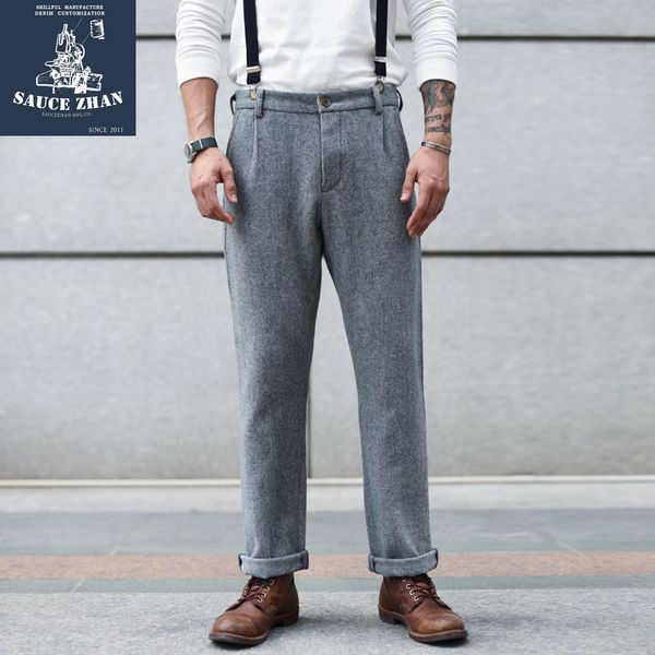 

saucezhan wool pants woolen trousers woolen trousers with straight leg woolen trousers men's vintage clothing men pants 201110, Black