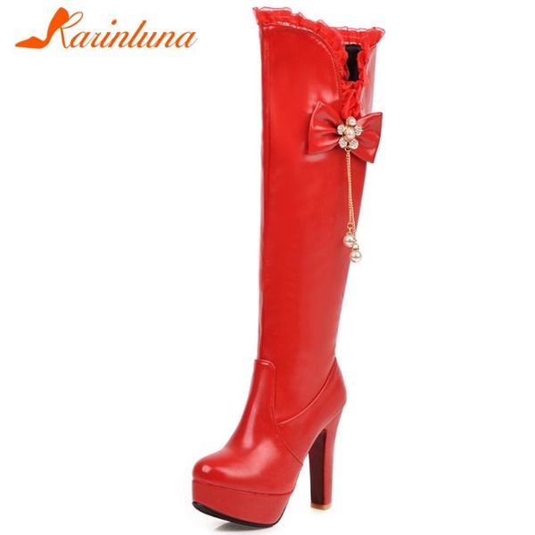 

boots karin spring ladies party high heel elegant decorating knee women attractive platform shoes woman, Black