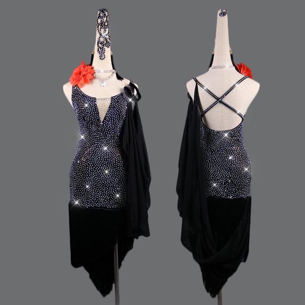 

stage wear latin dance dress for women black full rhinestone with float club party dancer professional competitive vdb110, Black;red