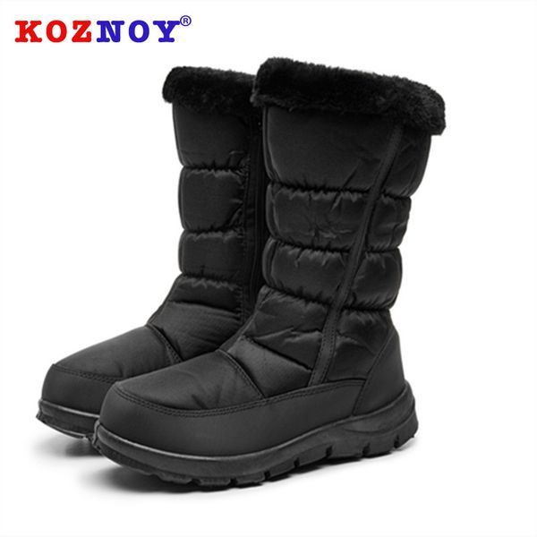 

koznoy snow boots women winter dropshipping flat bottom fashion buckle zipper low heel round toe warm casual slip cotton shoes, Black