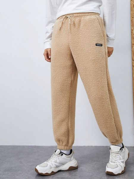 

men letter patched detail drawstring waist teddy pants y1z6#, Black