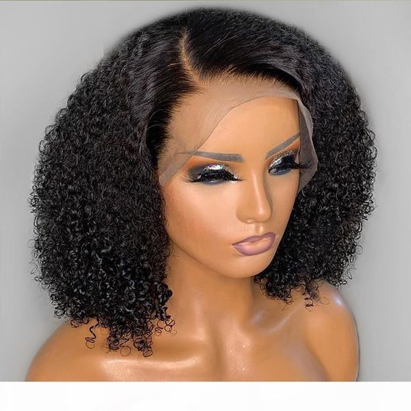 

13x6 deep part afro kinky curly lace front wig with baby hair brazilian virgin short bob human hair wig for black women 9a, Black;brown