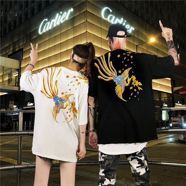 

модный китайский феникс вышивка стрит высокого качества хип-хоп короткий рукав пара спорт толстовка с капюшоном hoodie мужчин майка