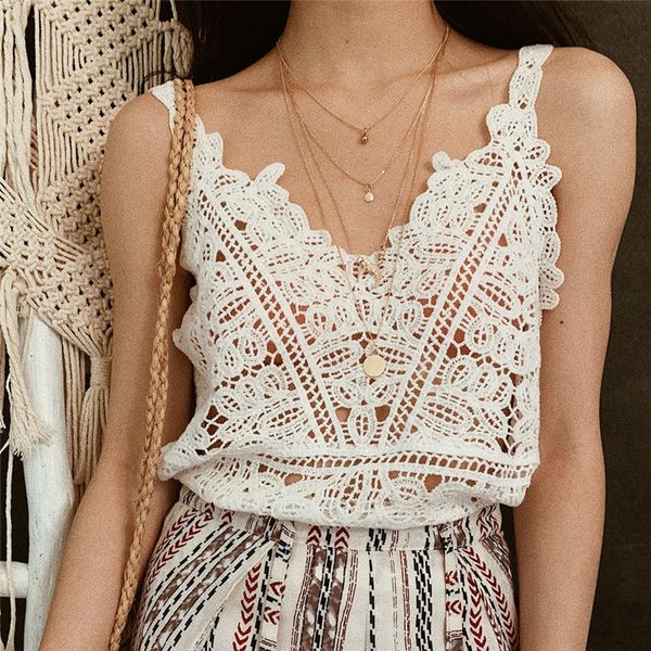 

summer new hook flower lace solid stitching v-neck camis female knitted short section slim outer wear shirt trend tank 1014, White