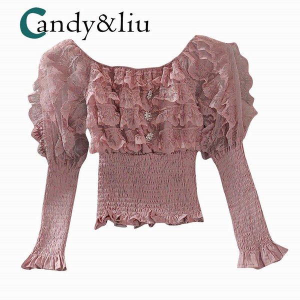 

three-dimensional flower collar lace shirt bubble long sleeve elastic waist slim short foreign style, White