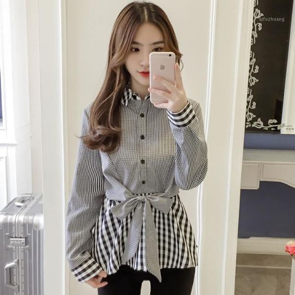 

2021 new spring autumn women elegant plaid patchwork shirt blouses office ladies casual bow tie sash blouses blusas moda a571, White