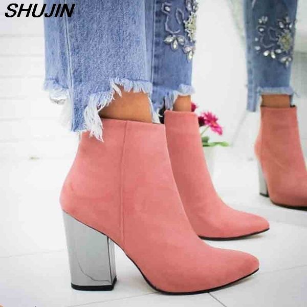 

shujin women shoes ankle pumps flock toe boots solid autumn spring new high-heeled shoes botas mujer dropship y200114, Black