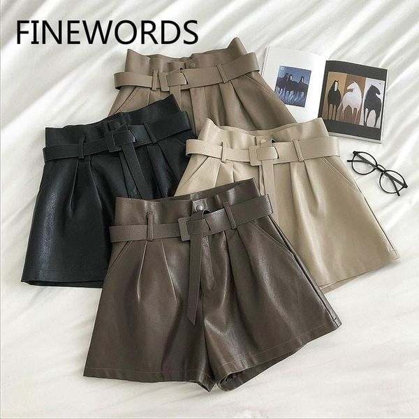 

finewords vintage winter pu booty shorts women casual 2 button high waist shorts wide leg korean mini short femme, White;black