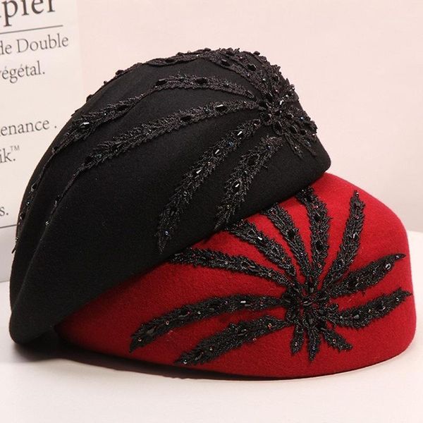 

h790 women wool beret hat korean girl autumn winter british retro lace flower berets cap female party shopping high fashion hats1, Blue;gray
