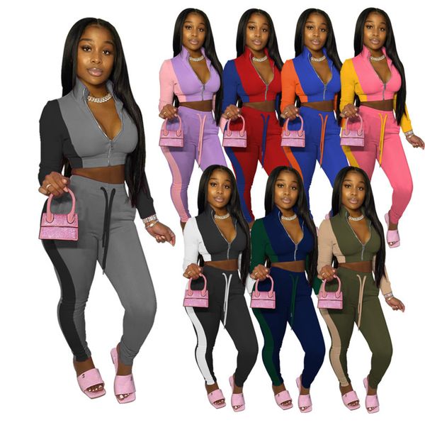 

women tracksuit two pieces set contrat stitching long sleeve pants jacket zipper sportswear panelled tights sports sell 2020, White