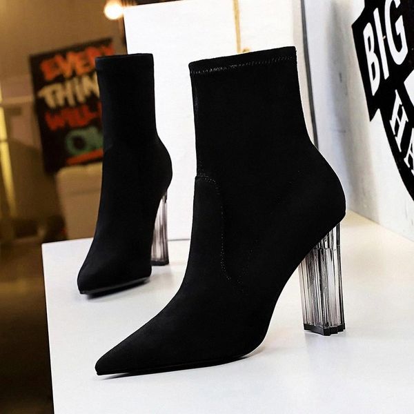 

bigtree new ankle boots autumn suede pointed toe stretch knitting sock boots plus size high heels female slip on lady shoes #ab3k, Black
