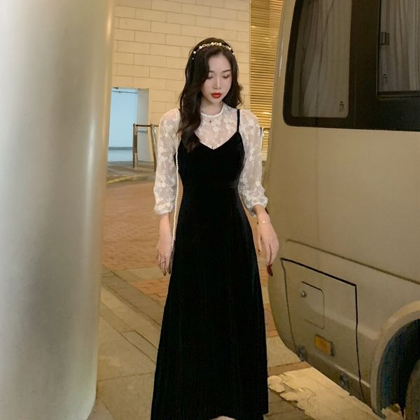 

tfgnv autumn 2020 korean velvet suspender skirtbottomed length dress mid sling long skirt lace long mid lace sleeve 2-piece set ylc5z, Black;gray