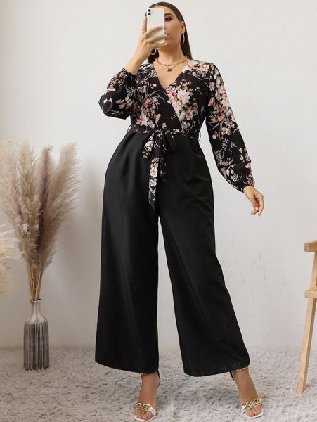 

plus floral print surplice front belted jumpsuit c3t7#, Black