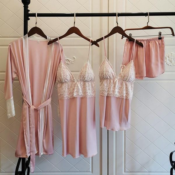 

осень sexy пижамы robe наборы 4 шт robe + nightdress + топ + шорты шелковый халат установить кружево ночное set одежда женская для дома одеж, Black;red