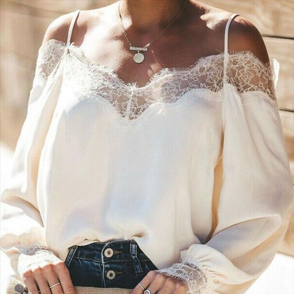 

new women off shoulder long loose sleeves ruffle lace blouse shirt ladies backless solid color casual blouse summer, White