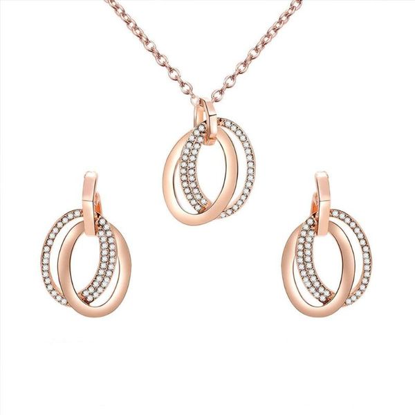 

fashion women hollow double oval ring jewelry set rhinestone wedding party necklace earrings gift, Silver