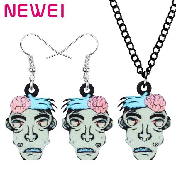 

newei акриловая хэллоуин зомби комплекты ювелирных изделий большой длинные печать зла серьги ожерелье для женщин подросток дети классический, Silver