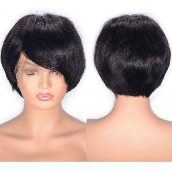 

brazilian virgin hair straight lace front wig natural color short human hair wigs bleached knots with baby hair, Black;brown