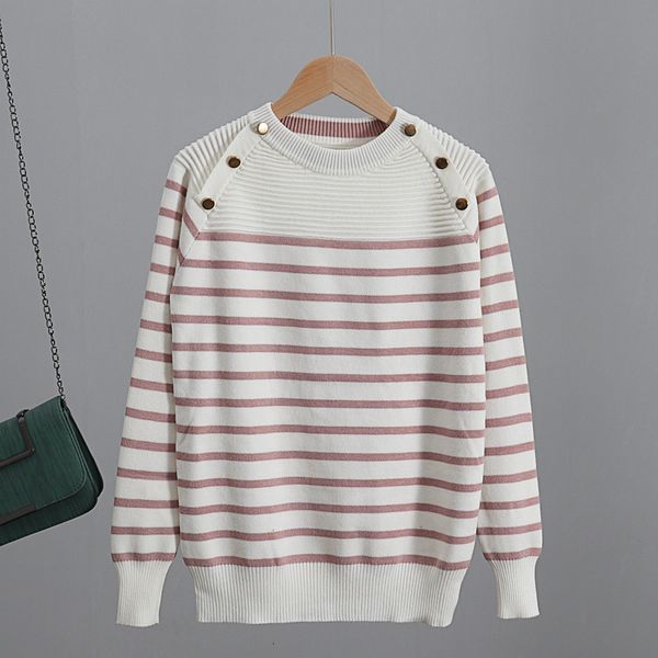 

2021 new euro style women striped sweater autumn winter crewneck pullovers button decorate knitted female jumper pull femme 6368, White;black