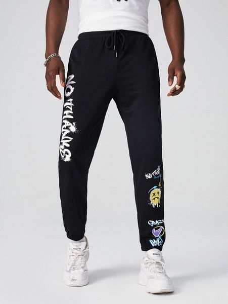 

men cartoon & letter graphic sweatpants b8el#, Black