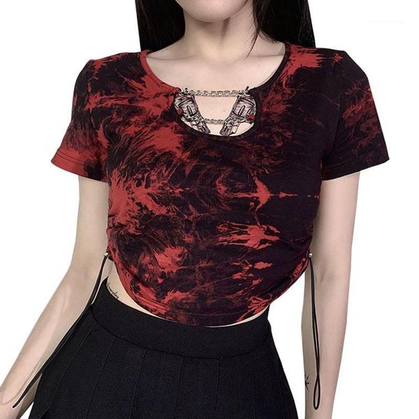 

gothic women colrehour top tie-dye t-рубашка женская u-образным вырезом железная цепь тонкий открытый пупок контрастный цвет с короткими рук, White