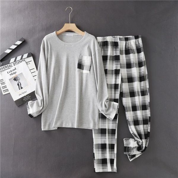 

2020 new plaid men's pajamas set large size casual sleepwear soft knitted cotton home costumes long sleeve loose male pajamas, Black;brown