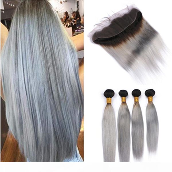 

#1b grey ombre straight weaves human hair 4 bundles with lace frontal black and silver grey ombre brazilian virgin hair with frontal closure, Black;brown