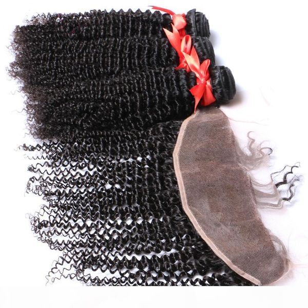 

kinky curly lace closure with human hair bundles 4pcs lot ear to ear full lace frontals with hair weaves, Black
