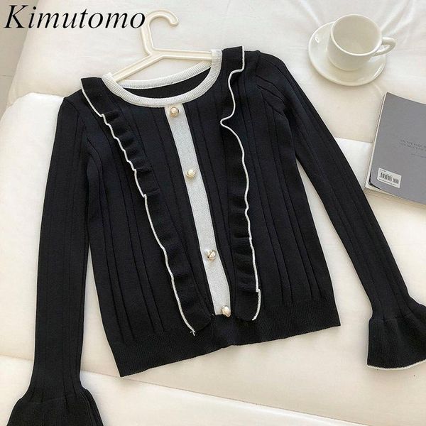 

kimutomo knitted woman sweaters french style retro pearl button ladies contrast color panelled fuguns o-neck flare sleeve, White;black