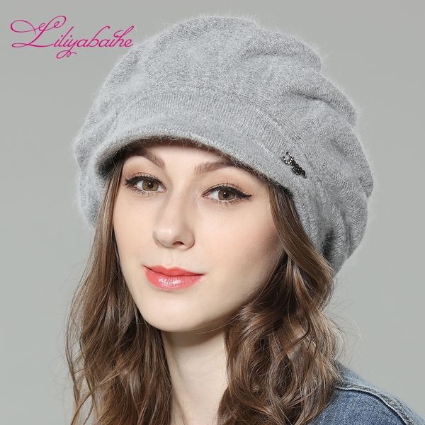 

liliyabaihe new style women winter brim knitted wool angora loose and comfortable cap double warm hat y200102, Blue;gray