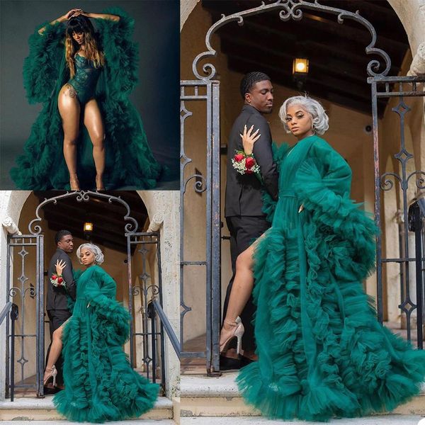 

2021 night robe bridal long sleeves sleepwear tiered ruffles green party nightgowns robes custom made, White