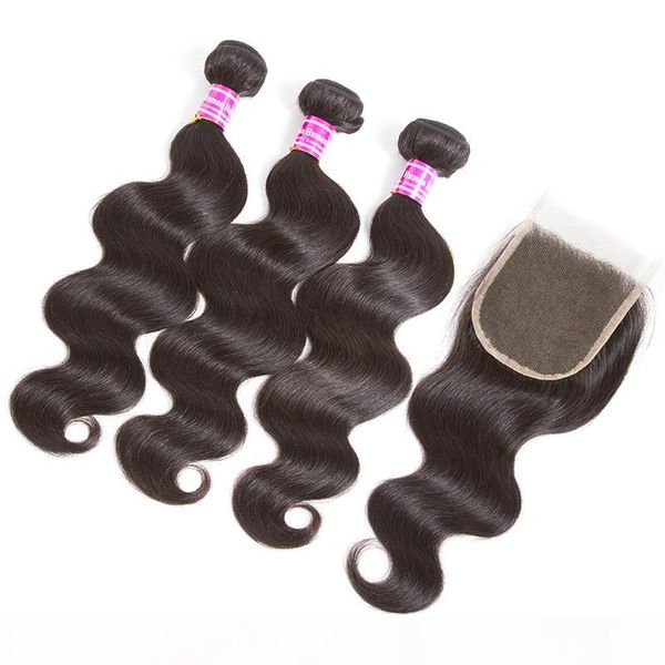 

2018 brazilian virgin hair 3 bundles body wave straigh with middle part 4x4 lace closure human hair weave 10-26 inch, Black;brown