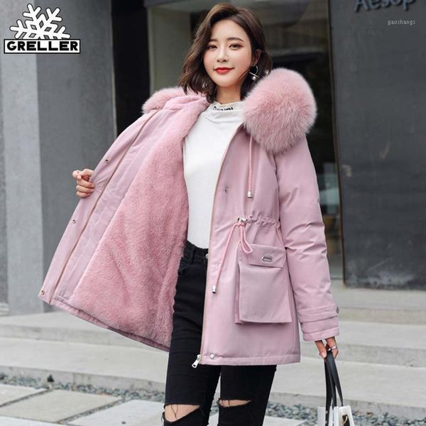 

greller 2020 new fashion long cotton fur liner hooded winter parkas women with pockets fur collar warm winter jacket women coat1, Black