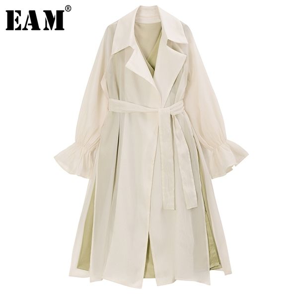 

eam] women two piece bandage long trench new lapel long puff sleeve loose fit windbreaker fashion tide spring 2020 1r734 1028, Tan;black