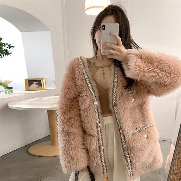

long faux fur coat 2021 winter coat women elegant high fashion fluffy jacket pink outwear peals beaded v neck faux fur jacket1, Black