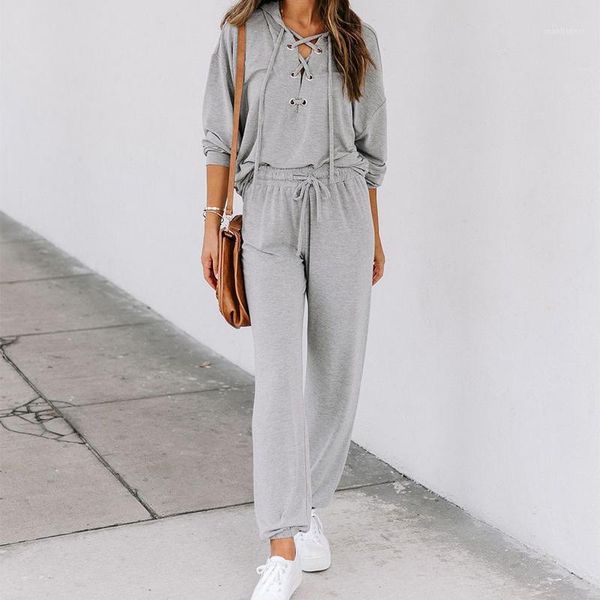 

2 pieces grey drawstring hooded women sets long sleeve hoodies+lace up pants female tracksuit set autumn casual loose homewear1, Gray