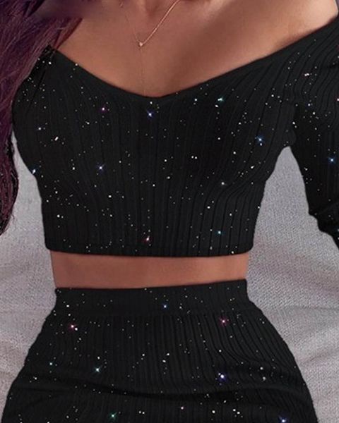

glitter off shoulder crop & skirt sets sweat suits women 2 piece set women v neck female outfits, White