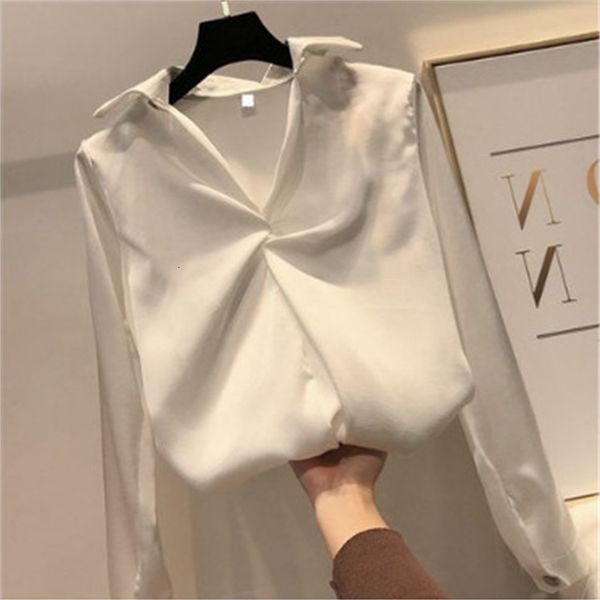 

2021 new women's fashions sleeves vintage satin femme v neck elegant casual shirts sleek imitation silk blouse plus size yfqi, White