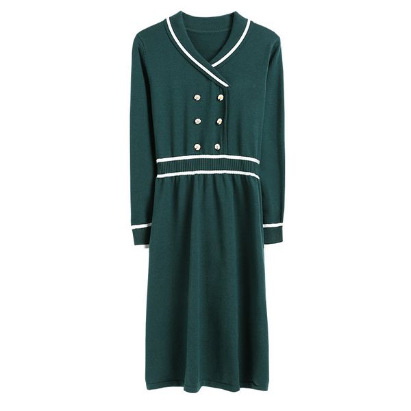 

2021 new dressed solid french woman cleavage on v buttons empire gowns elastic waistband lady of the elegant office at knee height in m3sd, Black;gray