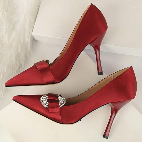 

2020 woman 9cm high heels scarpins crystal satin buckle burgundy pumps lady silk wedding bridal heels lady valentine gold shoes1, Black