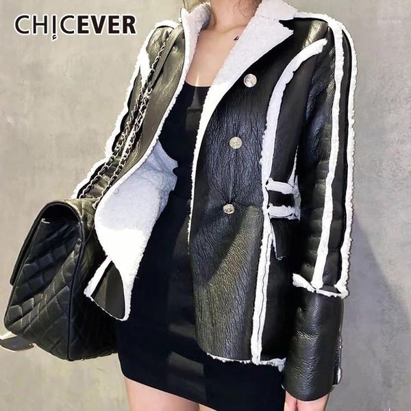 

chicever casual pu blazer for women notched collar long sleeve patchwork thick designer hit color coats female 2021 fall clothes1, White;black