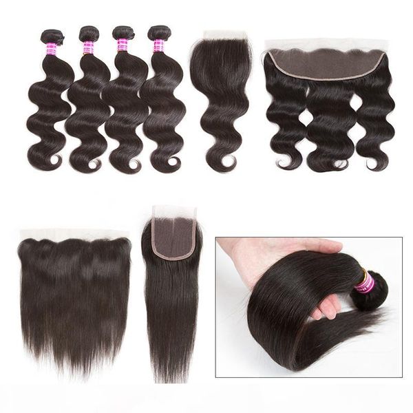 

10a brazilian virgin human hair weaves straight bundles with frontal unprocessed wefts body wave bundles with closure humam hair extensions, Black