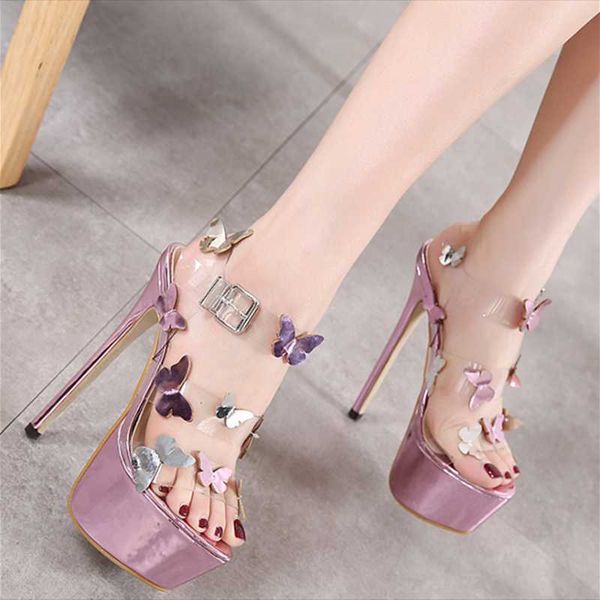 

trendy elegant purple butterfly decor ankle strap platform women sandals round toe sky high heel wedding party dress shoes, Black