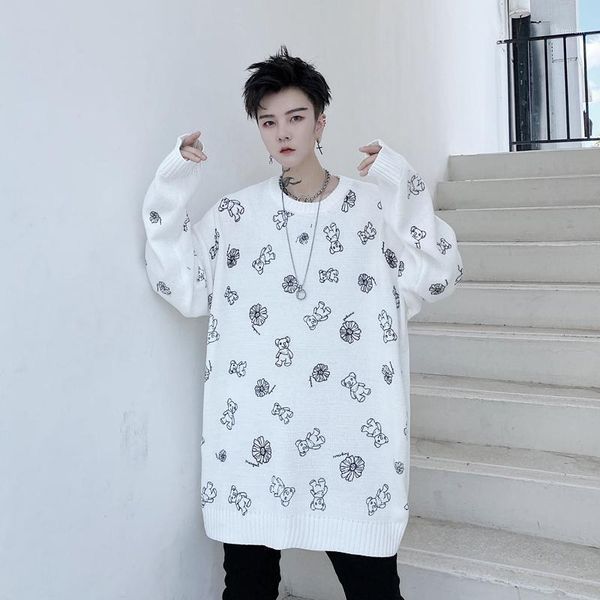 

new male streetwear hip hop black white knit sweater men women bear flowers print loose casual pullover sweater young1, White;black