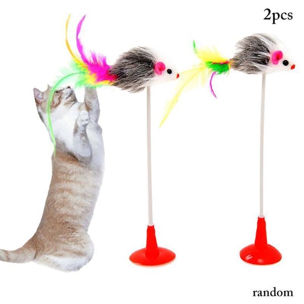 

2pcs pet cat toy plastic cat toys feather funny mice shape false mouse pet products bottom sucker elastic teaser wand1