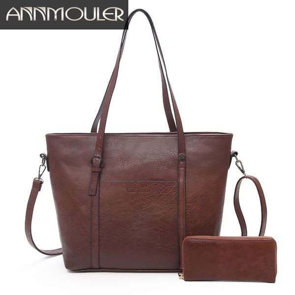 

annmouler large capacity women bag pu leather bag sets casual handbag tote bags black office lady elegant