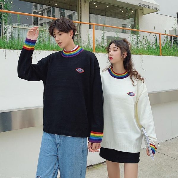 

rainbow collar pullover men's sweater new winter loose style sweater, men's high street sweater black white, White;black