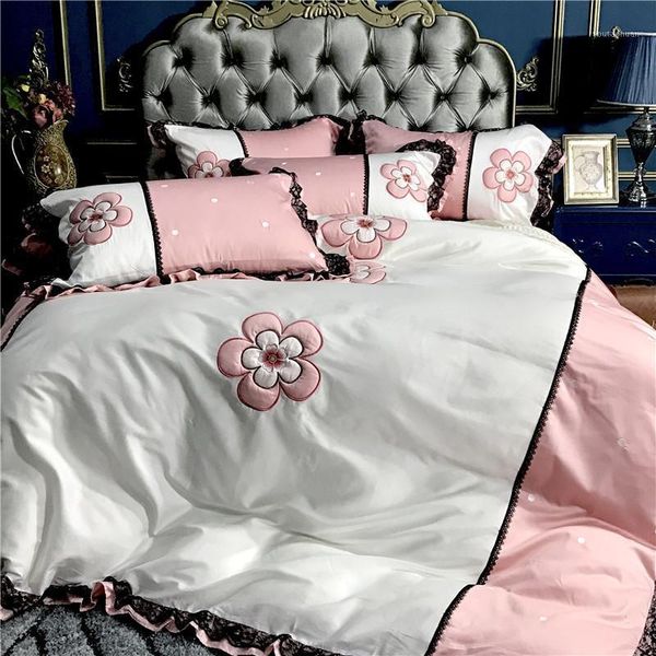 

bedding sets 34 100s egyptian cotton pink flower embroidery set  king size duvet cover bed linen sheet pillowcases 4pcs1