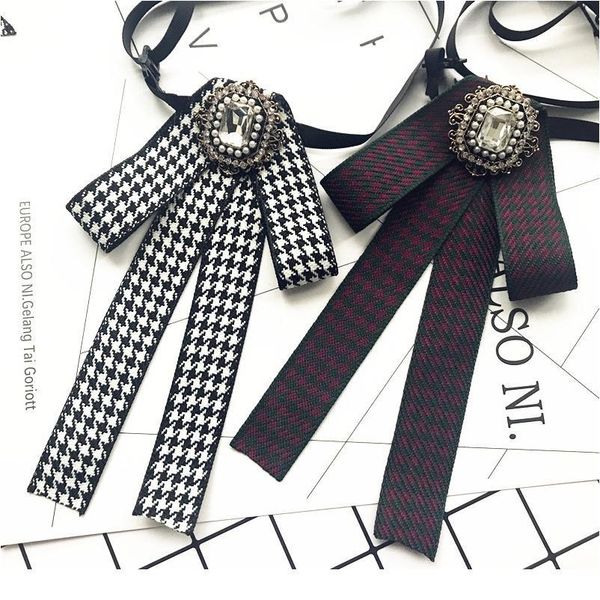 

korean handmade british retro bowtie professional uniform female white black houndstooth lattice bow ties for women acc jllsdw, Black;gray